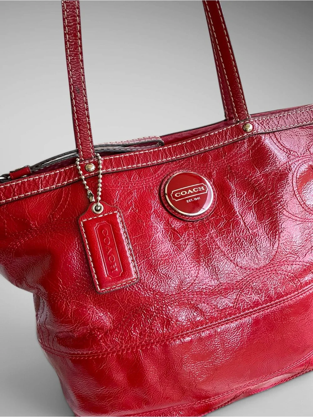 Coach Peyton Patent Leather F15142 Red Signature C Stitched Shoulder Tote Bag